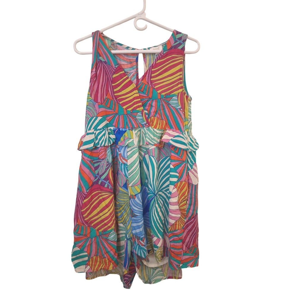 Oddi Womens Tropical Leaf Print Ruffle Romper Multi-Color Sleeveless Small New
